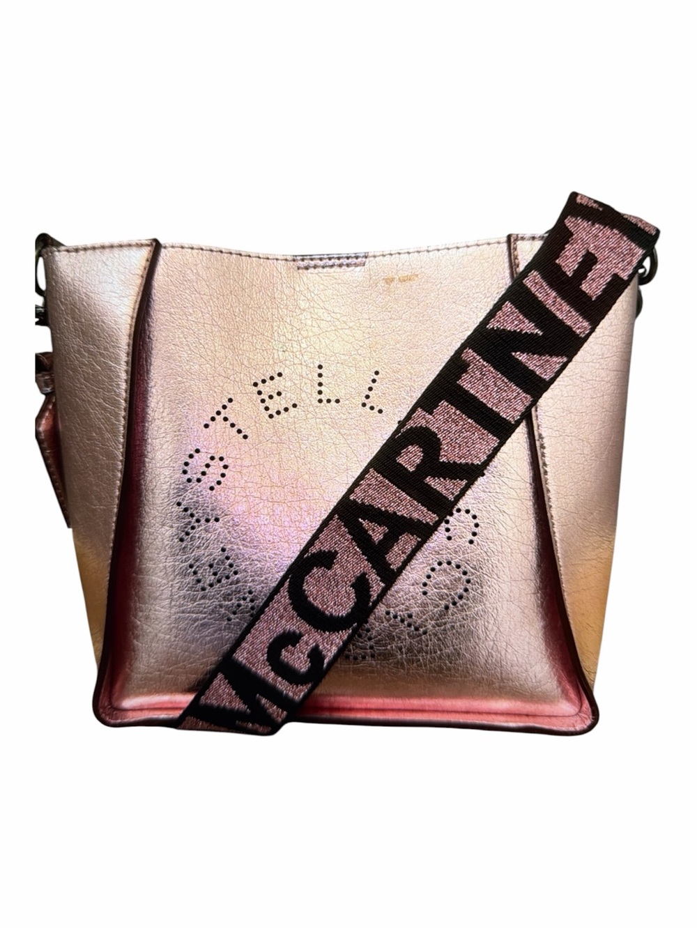 ⁠Stella McCartney Metallic Rose Gold Stella Logo Crossbody Camera Bag